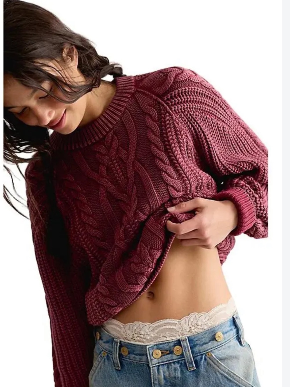 NWT Free People Frankie Cable Knit Cotton Sweater 84806496 Red Plum size Large